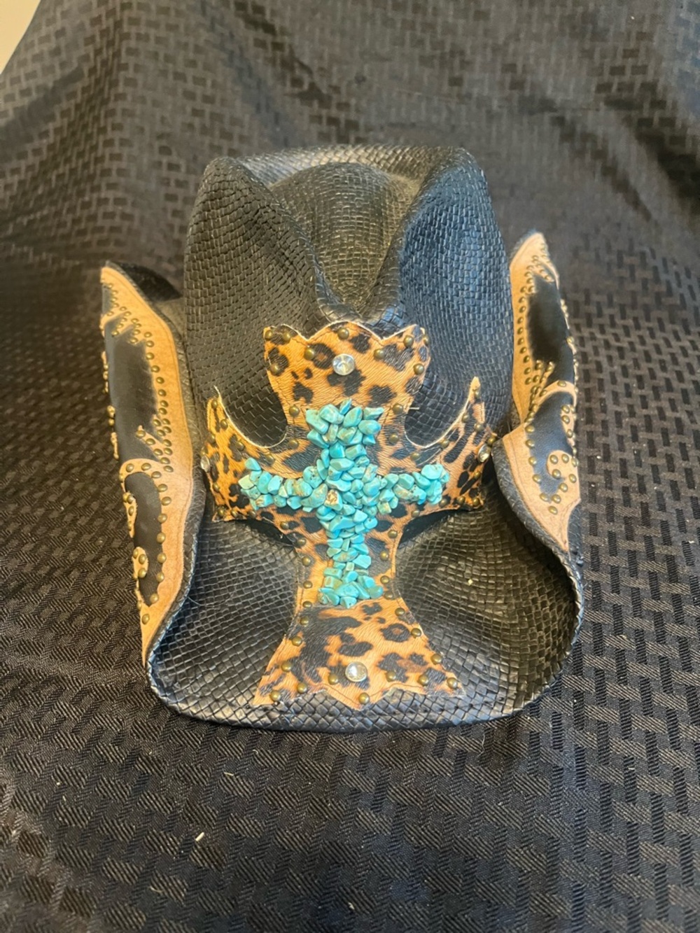 Peter Grimm Black Straw Cowboy Hat with Leopard Trim and Turquoise Cross